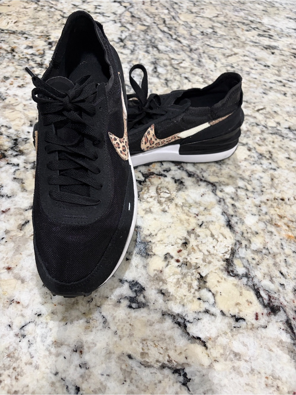 Nike Women’s Sz 9 Waffle One Black Athletic Sneakers with Leopard Swoosh